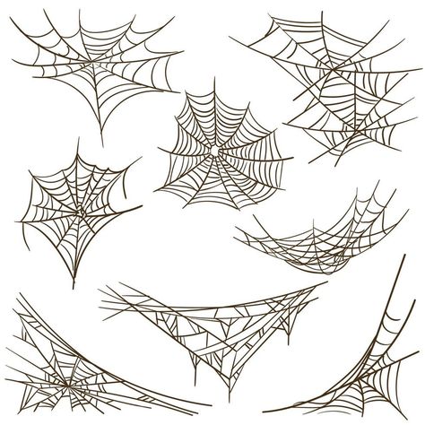 A set of cobwebs. Terrible Gothic silhouettes in the form of a spider web for Halloween decoration, a creepy network. Vector isolated collection. Scary hanging trap for a festive frame on white Spider Crawling Drawing, Spider Web Drawing Realistic, Cobwebs Tattoo, Hanging Spider Drawing, Hanging Spider Tattoo, Spider Webs Drawing, Spiderweb Drawings, Spider Inktober, Spider Hanging From Web Tattoo