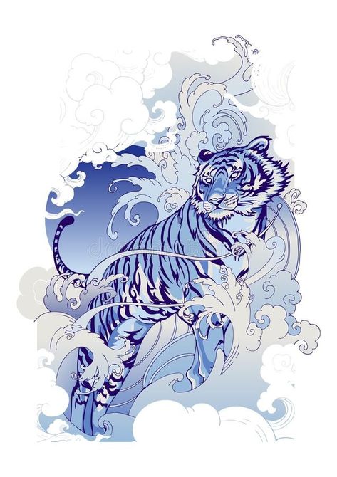 Water Tiger, Japanese Tiger, Tiger Artwork, Tiger Drawing, Chinese Illustration, Tiger Illustration, Cloud Design, Illustration Doodle, Japanese Illustration