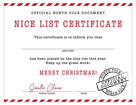 Free Printable Nice List Certificate | Signed by Santa Christmas Certificate Printable, Elf Nice List Free Printable, Santa Nice List Certificate Free, Santa Envelope Printable Free, Nice List Certificate Free Printable, Santa Nice List Certificate, Free Printable Santa Letters, Santa Gift Tags Printable, Rally Ideas