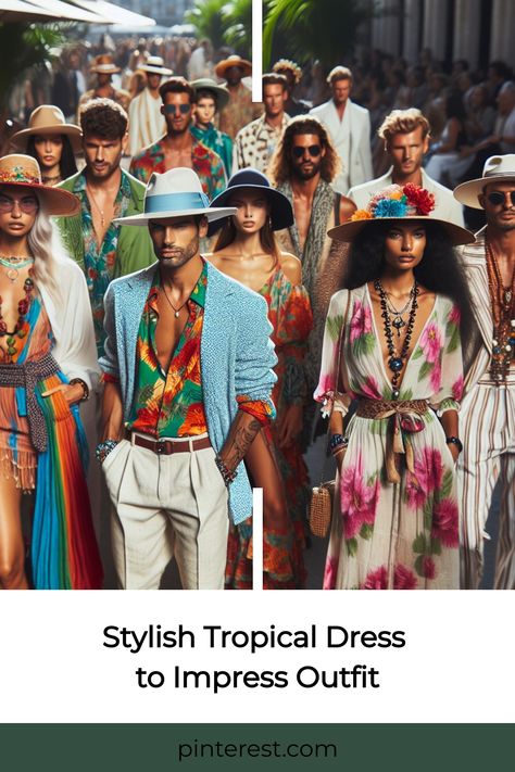 Models in colorful tropical-inspired outfits walking in a fashion show. Jumpsuit Chic, Tropical Dress, Summer Soiree, Bold Patterns, Flowy Maxi Dress, Maxi Dresses, Garden Party, Beach Wedding, Dress To Impress