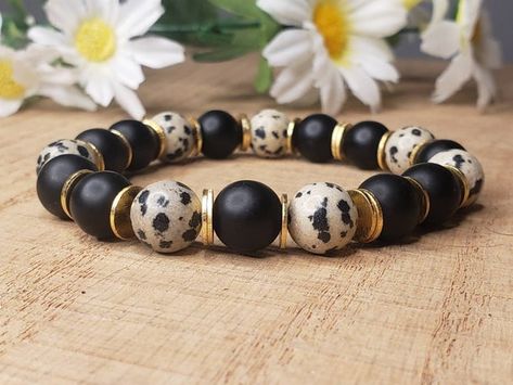 Etched Copper Jewelry, Popular Bracelets, Black Onyx Jewelry, Healing Gemstone Bracelets, Semiprecious Stone Jewelry, Gold Bracelet Set, Jasper Bracelet, Dalmatian Jasper, Crystal Healing Bracelets