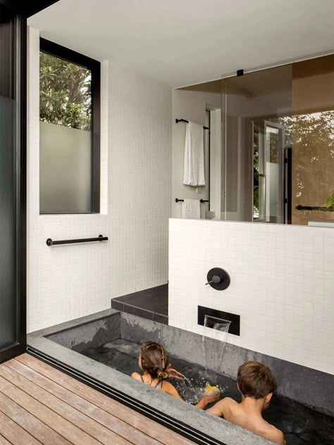 Outside Bath, Separate Toilet Room, Contemporary Remodel, Folding Glass Doors, Japanese Soaking Tubs, Outdoor Tub, Spa Like Bathroom, Bathroom Idea, Unique Bathroom