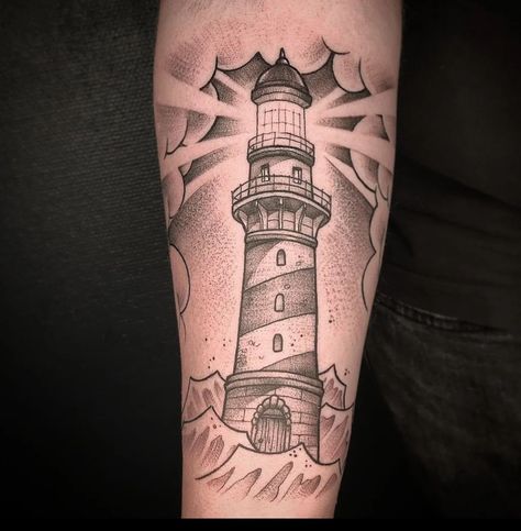 Lighthouse Tattoo Blackwork, Black And White Lighthouse Tattoo, Black And Grey Lighthouse Tattoo, Traditional Lighthouse Tattoo Black, Old School Tattoo Lighthouse, Lighthouse Drawing Tattoo, Old School Lighthouse Tattoo, Traditional Lighthouse Tattoo Design, Lighthouse Tattoo Traditional