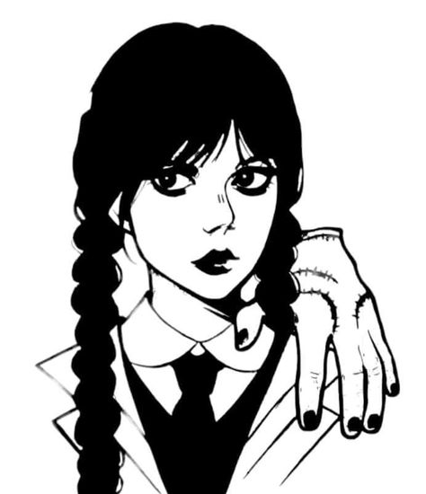 Wednesday Addams Hand Drawing, Wednesday Addams Outline Drawing, Wednesday Addams Outline, Wednesday Addams Silhouette, Wednesday Addams Sketch, How To Draw Wednesday Addams 2022, Wednesday Addams Svg, Addams Family Tattoo, Drawing Wednesday Addams 2022