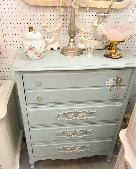 Cottagecore Bedroom Dresser, Coquette Dresser Aesthetic, Coquette Dresser Decor, Coquette Antiques, Cottage Core Dresser, Coquette Nightstand, Coquette Dresser, Blue Coquette Room, Coquette Furniture