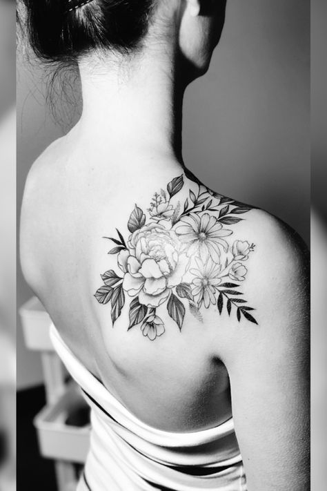 Peony Tattoo Back Shoulder, Floral Back Of Shoulder Tattoo, Back Shoulder Floral Tattoo, Flower Tattoo Back Shoulder, Shoulder Floral Tattoos For Women, Half Shoulder Tattoo, Back Shoulder Tattoos For Women Cover Up, Ladies Shoulder Tattoo, Scapula Tattoo