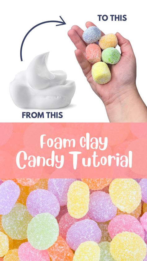 Make your own fake candy for your holiday display and christmas crafts. build gingerbread houses and decorate with your own gumdrops and lollipops. Super easy and fun! How To Make Fake Cotton Candy Props, Homemade Candy Ornaments, Air Dry Clay Marshmallows, Candy Theme Crafts, Fake Gumdrops Diy, Fake Candy Decorations Diy Christmas, Candy Props Diy, Fake Cotton Candy Diy, Diy Fake Candy Decorations