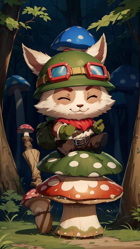 League of Legends, Teemo, solo, smile, gloves, 1boy, hat, :3, laugh, full body, closed eyes, boots, belt, pants, goggles, furry, green headwear, goggles on headwear, yordle, magic gigants forest, chibi, big mushrooms, cute, smile, no humans, Lol Art League Of Legends, League Of Legends Yordle, Chibi League Of Legends, Lol Characters, League Of Legends Logo, League Of Legends Wallpapers, League Of Legends Wallpaper, League Of Legends Yasuo, League Of Legends Art