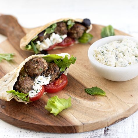 Nordicware Recipes, Meatball Pita, Lamb Pita, Pocket Sandwiches, Feta Spread, Pita Pocket Recipes, Lamb Meatballs Greek, Conscious Eating, Pockets Recipe