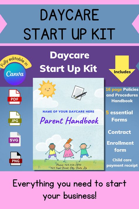 Daycare start-up kit, Parent handbook, daycare policies and procedures, daycare contract, daycare enrollment form, daycare receipt, daycare emergency forms In Home Daycare Contract Free Printable, Daycare Welcome Packet, Daycare Center Ideas Buildings, Daycare Receipt, Daycare Policies, Daycare Policies And Procedures, Creche Ideas, Daycare Enrollment Forms, Daycare Paperwork