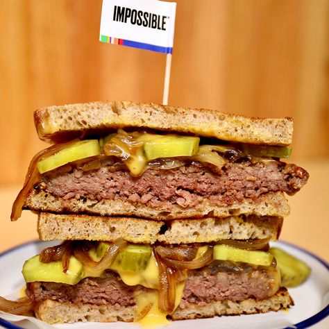 Impossible™ Patty Melt On The Grill Recipe | Impossible Foods Plant Based Cheese Sauce, Patty Melt Recipe, Dill Pickle Chips, Bbq Skewers, Chili Cheese Fries, Impossible Burger, Melt Recipe, Patty Melt, Pork Meatballs