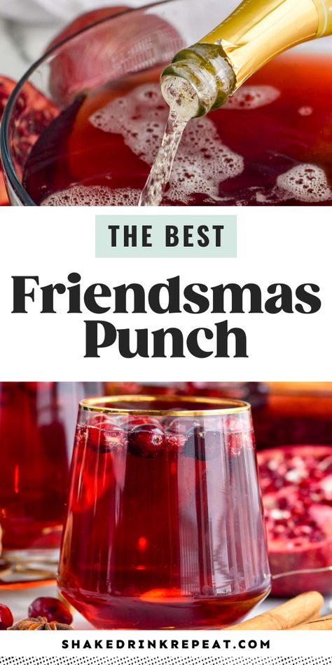 This Friendsmas Punch is festive and delicious, making it the perfect gathering point for when you get together with all of your loved ones this holiday season. Christmas Punch is an easy and delicious holiday party drink packed with fruits like cranberries and pomegranates. Friendsmas Party Ideas Drinks, Easy Christmas Alcoholic Punch, Christmas Punch Prosecco, Holiday Punches Alcoholic, Christmas Drinks With Wine, Easy Christmas Hosting Ideas, Christmas Party Beverages, Christmas Party Alcoholic Punch, Christmas Wine Punch Recipes