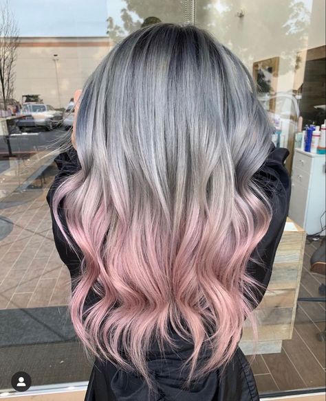 Balayage With Pink, Grey And Pink Hair, Hair Dye Transformation, Grey Pink Hair, Pink Grey Hair, Pink Ombre Hair, Peekaboo Hair, Silver Hair Color, Blending Gray Hair