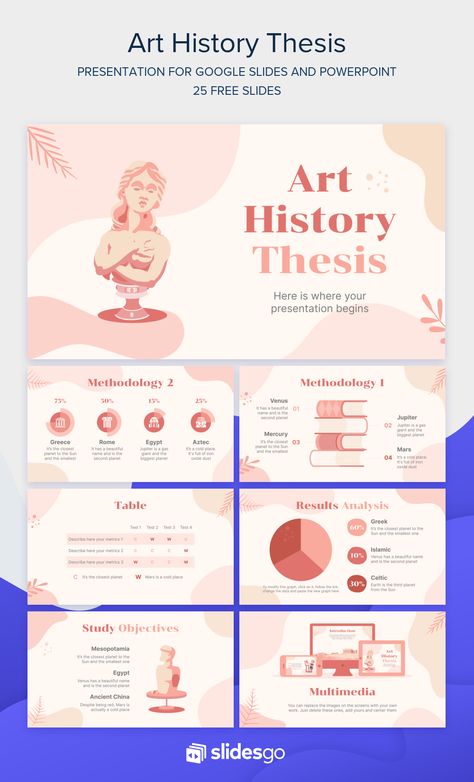 Defend your thesis on Art History with a nice-to-watch presentation for Google Slides and PowerPoint. It contains illustrations of busts and sculptures! Presentation Design For School, Art Presentation Ideas Powerpoint, Slide Ideas Presentation, Powerpoint Slides Ideas, Canva Slide Presentation, Slides Ideas Presentation, Canva Slide Ideas, Google Slides Templates Aesthetic, Aesthetic Slides Presentation