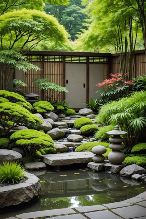 20 Relaxing Japanese Zen Garden Ideas For Your Backyard - Toolz Geek Japanese Zen Garden Backyard, Garden Parasol Ideas, Large Zen Garden, Low Maintenance Japanese Zen Garden Backyard, Japanese Water Feature, Backyard Gazebo Ideas, Japanese Backyard, Taman Mini, Zen Garden Ideas