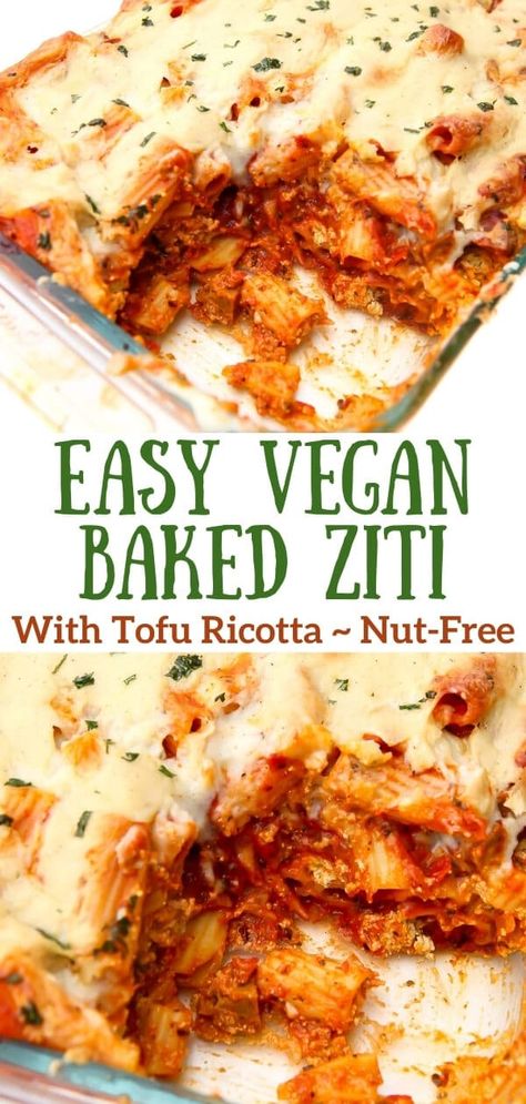 Vegan Baked Ziti Recipe, Vegan Baked Ziti, Lasagna Recipe Without Ricotta, Tofu Ricotta, Dairy Free Pasta, Ziti Recipes, Baked Ziti Recipe, Vegan Baked, Soy Free Recipes