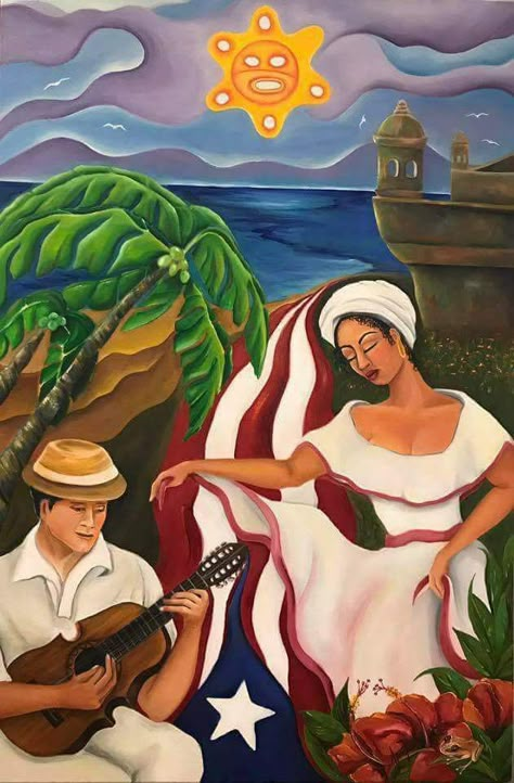 Vintage Puerto Rican Art, Puerto Rico Artwork, Bomba Puerto Rico, Puerto Rican Paintings, Puerto Rico Astethic, Puerto Rico Art Drawing, Puerto Rican Culture Aesthetic, Puerto Rico Art Paint, Puerto Rico Painting Ideas