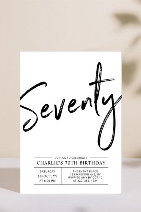 Seventy | Modern 70th Birthday Party Invitation Celebrate your special day with this simple stylish 70th birthday party invitation. This design features a brush script "Seventy" with a clean layout in black & white color combo. More designs available at my shop BaraBomDesign #birthday #happybirthday #birthdaycards #seventy #seventycelebration 70th Birthday Party, 70th Birthday Invitations, 70th Birthday Parties, Brush Script, 70th Birthday, Birthday Party Invitation, Color Combo, Birthday Party Invitations, Invitation Zazzle