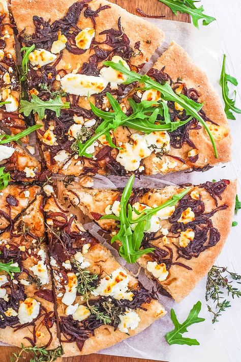 Goat Cheese Pizza With Caramelized Onions Goat Cheese Caramelized Onion Pizza, Goat Cheese Pizza Recipes, Caramelized Onion Pizza, Goats Cheese Flatbread, Low Calorie Pizza, Onion Pizza, Roasted Figs, Goat Cheese Pizza, Whole Wheat Pizza