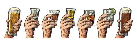 Male hand holding a glass with beer, tequila, vodka, rum, whiskey and ice cubes. #Sponsored , #affiliate, #sponsored, #holding, #Male, #hand, #glass Whiskey Ice, Engraving Illustration, Gesture Drawing, Male Hands, Hand Holding, Vintage Color, Color Vector, Ice Cubes, Food Illustrations