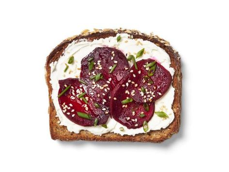 Get Creamy Beet Toast Recipe from Food Network Beet Toast, Creamy Balsamic Vinaigrette, Pesto Dishes, Root Vegetable Salad, Eating Seasonally, Mint Pesto, Magazine Recipe, Avocado Toast Breakfast, Roasted Beet Salad