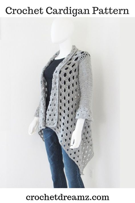 This gorgeous crochet cardigan pattern with bell sleeves is easy enough for beginners. Made of worsted weight yarn, your work grows fast. Try it today!  #crochetcardigan, #crochetforwomen, #crochetclothing, #crochetcardiganpattern, #crochetsweater, #crochetjacket, #crochetshrug Cardigan Pattern Crochet, Crochet Sweater Pattern Women, Poncho Au Crochet, Crocheted Cardigan, Crochet Pullover, Gilet Crochet, Crochet One Piece, Black Crochet Dress, Crochet Cardigan Sweater