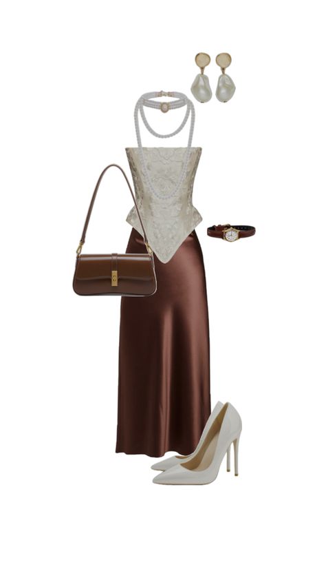 A chic outfit with brown skirt , white corset and pearls accessories Outfit With Brown Skirt, Corset Brown, Pearls Accessories, Pearl Accessories, Brown Skirt, White Corset, Brown Skirts, Skirt White, Chic Outfit