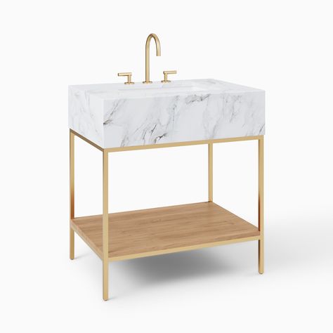 Streamline Marble Single Bathroom Vanity (31.5") | West Elm Powder Room Vanities, Powder Room Sink, Wood Sink, Mid Century Bathroom, Vanity Faucet, Marble Sinks, Double Bathroom Vanity, Wood Shelf, Stylish Bathroom