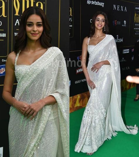 White Sequin Saree, White Saree Blouse, Modern Sari, White Sari, Sequence Saree, Ananya Pandey, Sequence Embroidery, Sequin Saree, Bollywood Dress