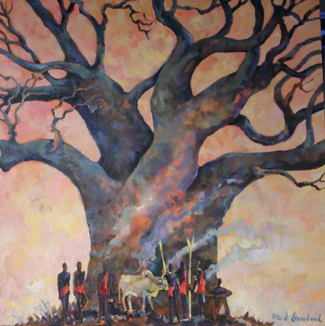 Baobab Tree with Maasai, Oil on canvas Baobab Tree, Abstract Art Landscape, Maasai, Color Inspo, Art Club, African Art, Art Classes, Oil On Canvas, Cool Pictures