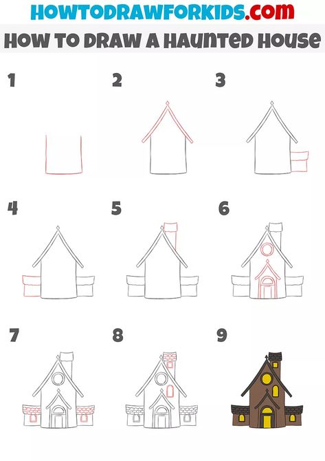 How To Draw A Haunted House, How To Draw A House, Draw A Haunted House, Draw Buildings, Haunted House Drawing, Simple House Drawing, Draw Halloween, Cool Easy Drawings, Simple Building