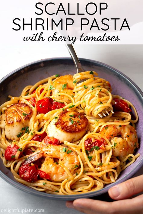 This scallop shrimp pasta with burst cherry tomatoes is perfect as not only quick and easy weeknight meals but also fancy date night dinners. It is so flavorful with sweetness from fresh seafood and umami from burst tomatoes. #pastarecipes #linguine #scallop #shrimp Scallop And Shrimp Pasta, Scallop Recipes Pasta, Shrimp And Scallop Recipes, Burst Cherry Tomatoes, Burst Tomatoes, Pasta With Cherry Tomatoes, Scallop Pasta, Fancy Date Night, Fancy Date