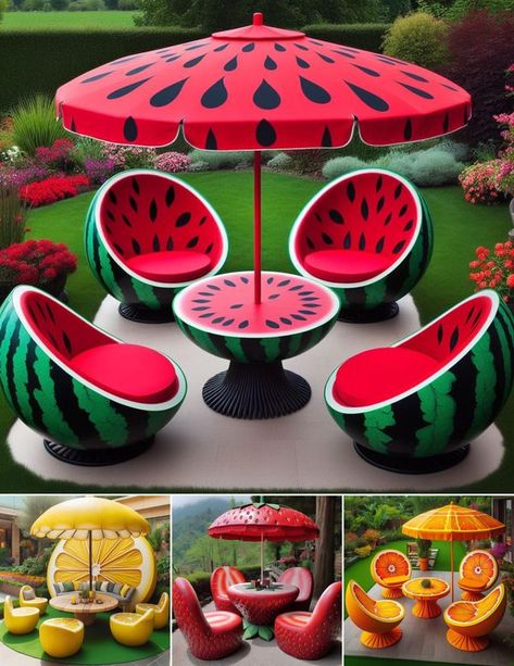 Watermelon Design Ideas, Fantasy Table, Disney Canvas Paintings, Summertime Decor, Weird Furniture, Table With Chairs, Fantasy Furniture, Unique Furniture Design, Watermelon Designs