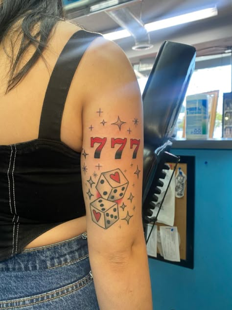 777 Tattoo Meaning, Heart Dice, Shen Long Tattoo, Angle Tattoo, Playing Card Tattoos, 777 Angel Number, 777 Tattoo, Dice Tattoo, Card Tattoo Designs