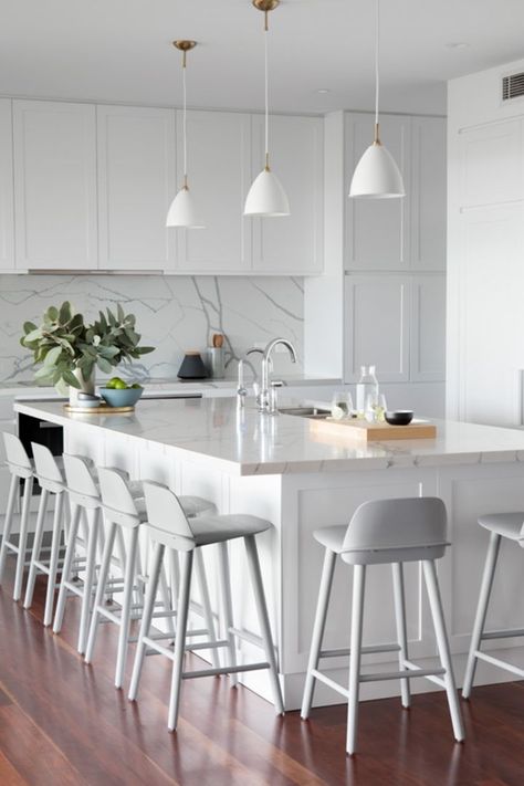 Kitchen island inspiration: 20 glorious islands that steal the show | Home Beautiful Magazine Australia Modern Hamptons Kitchen, Hamptons Kitchen, Modern Hampton, Kitchen Island Bench, White Bar Stools, Kitchen Benches, White Pendant Light, Kitchen Island Design, Kitchen Inspiration Design