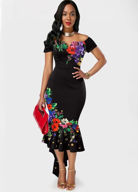 Pink High Low Dress, Black Mermaid Dress, Mode Prints, Fashion Dresses Online, Flower Print Dress, Small Clutch, African Print Fashion Dresses, Women's Evening Dresses, Black Evening Dresses