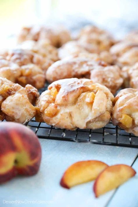 Peach Fritters Donut Recipe | Dessert Now, Dinner Later! Easy Apple Fritters, Peach Fritters, Freezer Smoothie Packs, Freezer Smoothies, Donut Recipe, Homemade Dinner Rolls, Dinner Rolls Recipe, Recipe Dessert, Fritter Recipes