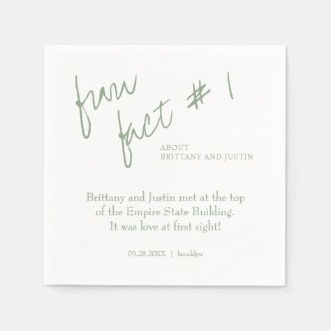 $39.00 | Brittany Modern Sage Green Fun Fact #1 Wedding #weddingcocktail #funfacts #whimsicalcalligraphy #reception #uniqueweddingideas #elegant #sagegreen #simple #brittanymodernscriptweddingw15 #albamarieweddings Fun Facts Napkins, Wedding Reception Guest, Paper Napkins Wedding, Wedding Cocktail Napkins, Custom Wedding Stationery, Personalized Paper Napkins, Wedding Cocktails, Wedding Napkins, Cocktail Napkins