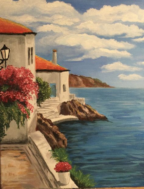 Painting Idea Landscape, Painting Ideas On Canvas Greece, Pretty Scenery Paintings, Landscape Painting Ideas Nature, Spain Painting Easy, Painting Ideas Difficult, Easy Paintings Landscape, Art Reference Landscape, Painting Ideas On Canvas Landscapes