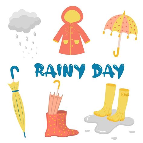 Rainy Season Chart For Preschool, Rainy Season Clothes, Raincoat Drawing, Rainy Day Clothes, Rainy Day Clipart, Rainy Day Drawing, Rainy Day Outfit For Spring, Kindergarten Drawing, Hand Washing Poster