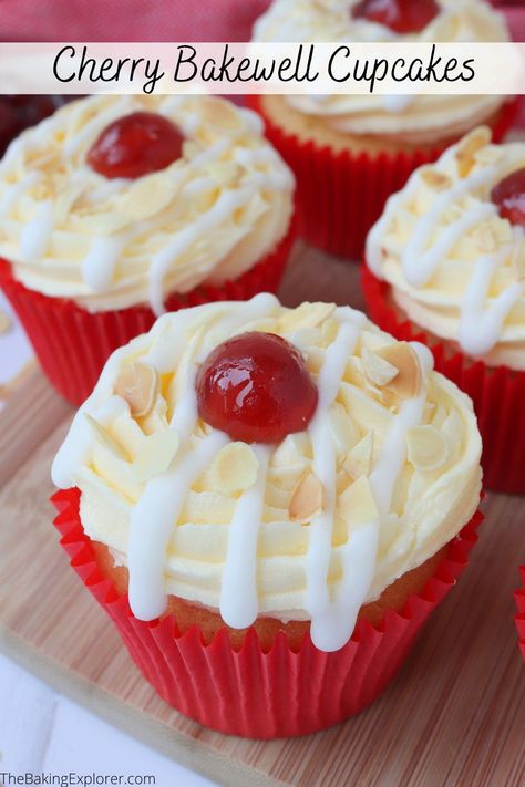 Recipe for Cherry Bakewell Cupcakes. Sponge filled with cherry jam, topped with almond buttercream, icing, glace cherry and flaked almonds #cherrybakewell #thebakingexplorer #bakewellcupcakes #almondcupcakes #cherrycupcakes Cherry Bakewell Recipe, Bakewell Cupcakes, Cherry Bakewell Cupcakes, Cherry Bakewell Cake, Cherry Bread Recipe, Bakewell Cake, Almond Buttercream, Almond Cupcakes, Cherry Bread