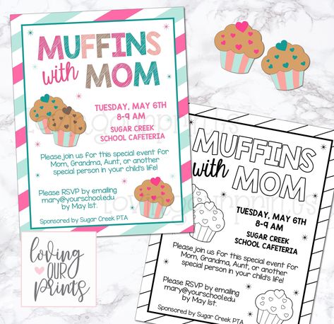 ---INSTANT DOWNLOAD!!--- This listing is for a Muffins with Mom Editable Invitation! This Muffins with Mom event is a perfect way to celebrate Moms, Grandmas, Aunts, or another special person in a child's life! This Muffins with Mom invite is editable to change all event details with the free program, Adobe Reader. The 'Muffins with Mom' heading and the graphics are NOT editable. This editable invitation is included in color AND black and white. These are editable to change the event details wit Muffins With Mom Ideas, Muffin With Mom Ideas, Muffins With Mom Decorations, Muffins With Mom Ideas Preschool, Moms And Muffins, Muffins With Mom Invitation, Muffins With Moms, Muffins With Mom, Muffins For Mom