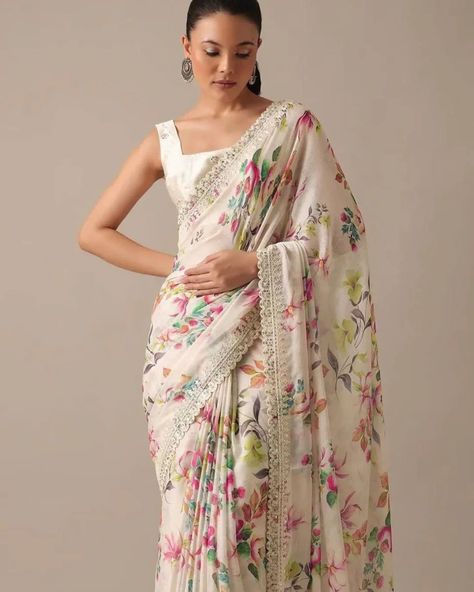 👇🏻 saree details & pricing 👇🏻💸 _New Launch_ *🌿White Floral-2 Sarees 🌿* *😍Summer Special Collection😍* 📝*Description*📝 Looking some one for this same colour beautiful Saree for wedding on premium Soft Pure Georgette Chiffon fabric Saree with C-pallu All Over Digital Print Embroidery Work & Cutwork Border and Embroidery Work Butti blouse. 🥻🥻 *Saree*🥻🥻 Fabric. :- Pure Soft Georgette chiffon Work :- Digital Print with Codding Embroidery Sequins work Cut work border Cut :- 5.5 mtr *👚👚B... Saree For Wedding, Pure Chiffon Sarees, Floral Saree, White Saree, Pure Chiffon, Printed Saree, Chiffon Saree, Printed Sarees, Beautiful Saree