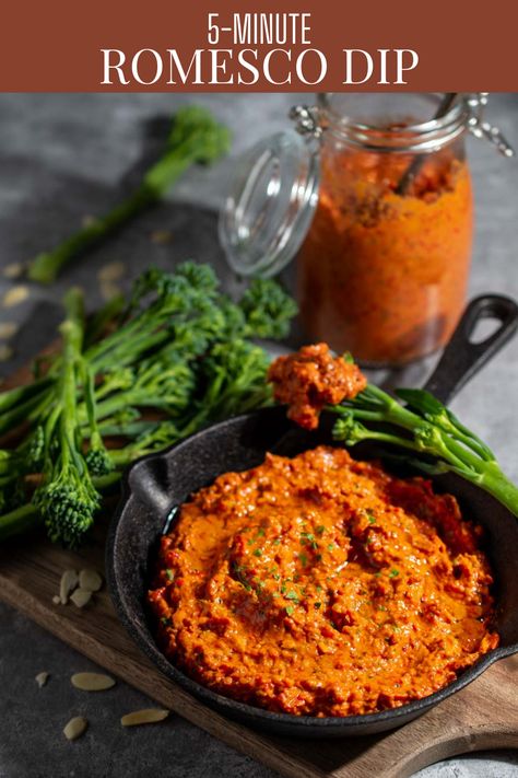 Romesco dip in a small black pan surrounded by broccoli spears, with a bottle of sauce in the background. Roasted Capsicum Dip, Roasted Vegetable Dip, Romesco Dip, Feta Pizza, Homemade Sausage Rolls, Cauliflower Steak, Amazing Drinks, Fast Meals, Healthy Cheesecake