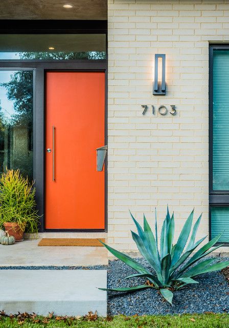 Mid Century Front Door, Orange Front Door, Mid Century Modern Front Door, Modern Exterior Lighting, Mid Century Modern Door, Mid Century Modern House Exterior, Orange Front Doors, Mid Century Modern Exterior, Mid Century Exterior