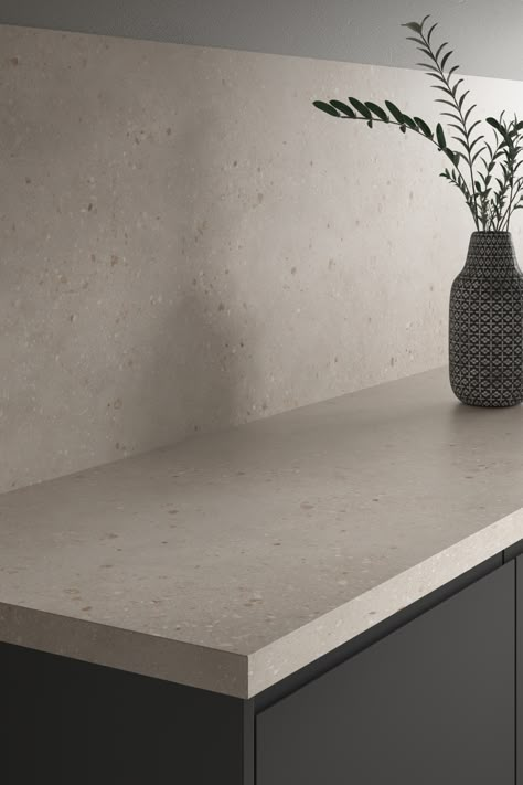 Beige Stone Benchtop Kitchen, Kitchen Work Surface Ideas, Howdens Clerkenwell Matt, Clerkenwell Howdens, Howdens Laminate Worktop, Kitchen Worktops Ideas, Charcoal Kitchen Ideas, Stone Kitchen Worktop, Kitchen Work Tops