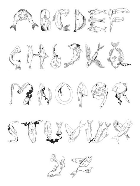 Fish font! Fish Lettering, Alphabet Graphic Design, Fish Alphabet, Decorative Typography, Type Alphabet, Drawn Fish, Fish Face, Typography Served, Abc Poster