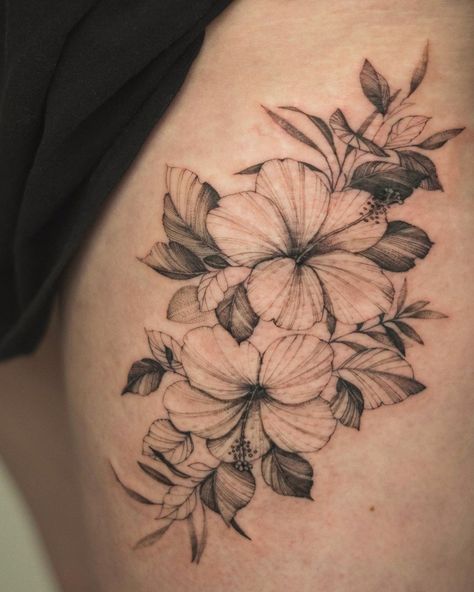 Hibiscus Thigh Tattoo, Hibiscus Tattoo Design, Microrealism Tattoo, Korean Flag, Hip Thigh Tattoos, Hibiscus Tattoo, Throat Tattoo, Flag Tattoo, Botanical Tattoo