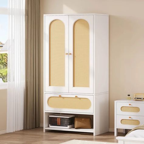 Yitahome | Modern Rattan Armoire Storage Cabinet with Drawers and Hanging Rod for Bedroom Armoire In Bedroom, Rattan Armoire, Closet With Doors, Large Armoire, Closet Storage Cabinets, Armoire Closet, Armoire Wardrobe Closet, Armoire Storage, Wooden Closet