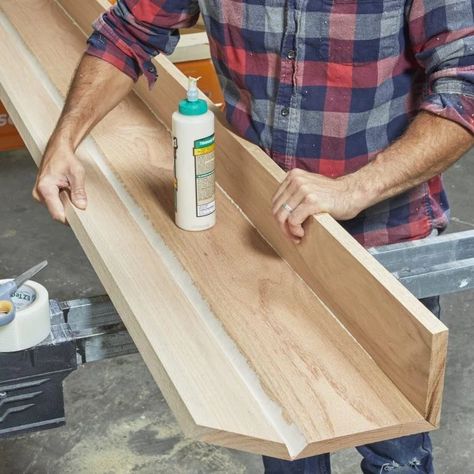 How to Build Beautiful Faux Ceiling Beams | Family Handyman How To Install Faux Ceiling Beams, Diy Fake Ceiling Beams, Building Faux Wood Beams, Wrap Wood Beams, Boxed Beams Ceilings, How To Do Faux Wood Beams, Rustic Faux Beams, Bedroom Beam Ideas, How To Make Faux Ceiling Beams